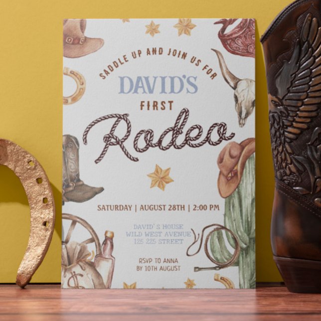 Cowboy Ranch Vilda western 1st Rodeo Födelsedagsfe Inbjudningar (Boy 1st Rodeo Cowboy party Invitations Digital or Printed Cowboy Template Personalized)