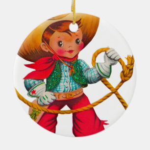 Cowboy Retro Boy Child Cute Western Julgransprydnad Keramik