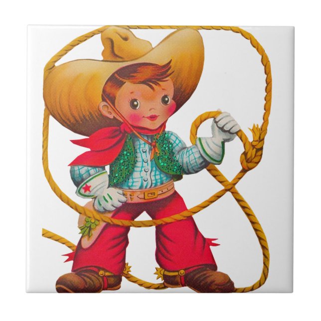 Cowboy Retro Boy Child Cute Western Kakelplatta (Framsidan)