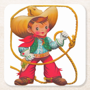 Cowboy Retro Boy Child Cute Western Underlägg Papper Kvadrat