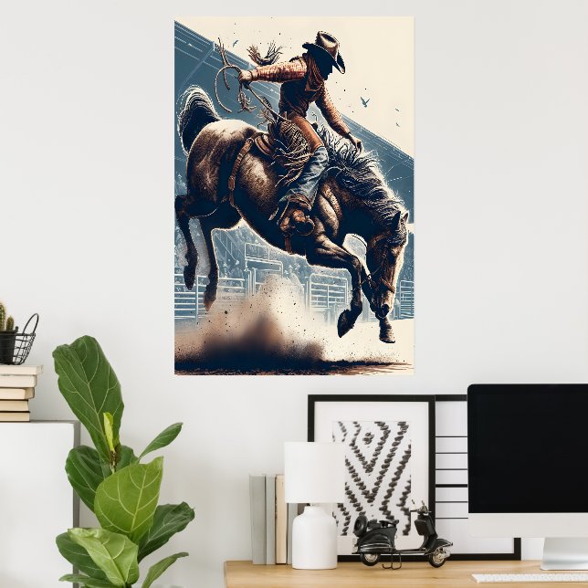 Cowboy rider en buckande häst poster (Hemmakontoret)