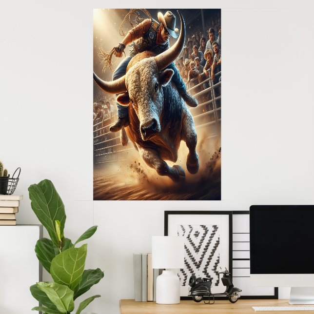 Cowboy rider en buckrande tjur poster (Hemmakontoret)