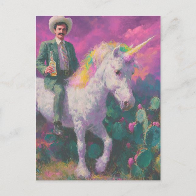 Cowboy Rides a Unicorn i Desert Lila Himmel Vykort (Framsida)