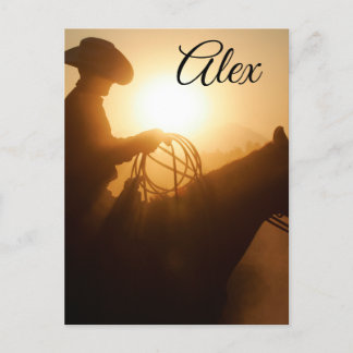 Cowboy Riding a Horse vid Sunset Personlig Vykort