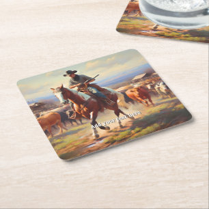 Cowboy Riding a Paint Horse Underlägg Papper Kvadrat