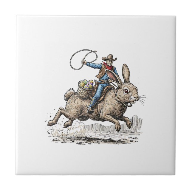 Cowboy Riding Easter Bunny Western Howdy Easter Fu Kakelplatta (Framsidan)