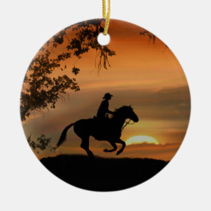 Cowboy Riding Horse i Sunset Julgransprydnad Keramik