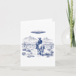 Cowboy Riding Horse Ufo ovanför Desert Cactus West Kort