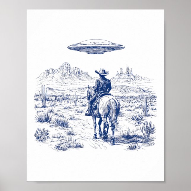Cowboy Riding Horse Ufo ovanför Desert Cactus West Poster (Framsidan)