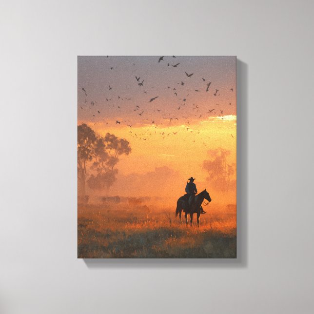 Cowboy Riding Into Fiery Sunset Art Canvastryck (Framsida)