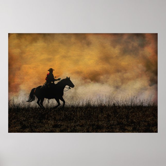 Cowboy Riding the Fire Line of a Praire Burn Poster (Framsidan)