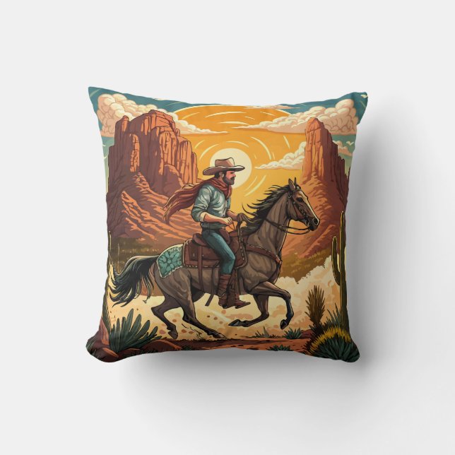 Cowboy Ridning Häst vid Solnedgång Kudde (Framsida)