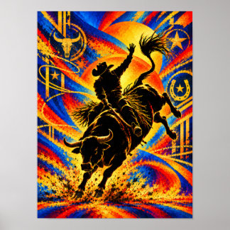 Cowboy Ridning på en Tjür under en Rodeo Siluett Poster