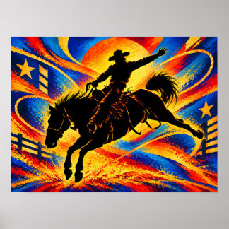 Cowboy Ridning på Häst vid en Rodeo Silhuett Poster