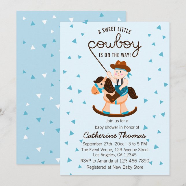Cowboy Rocking Horse Blue Boy Shower Inbjudningar (Fram/baksida)