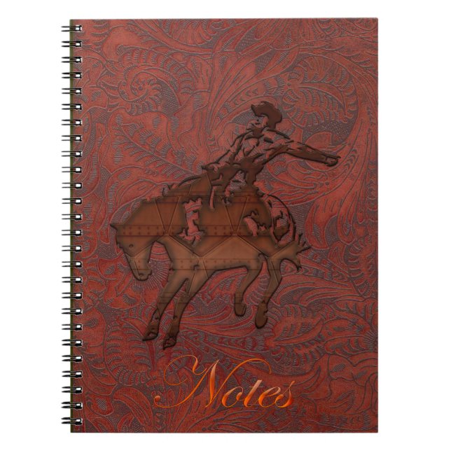 Cowboy Rodeo Mahogany Faux Tooled Leather Notebook Anteckningsbok Med Spiral (Framsidan)