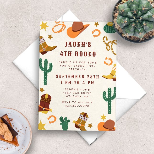 Cowboy Rodeo Western Födelsedagsfest Inbjudningar (Cowboy themed boy's birthday party invitation with cacti, cowboy boots, hats, lassos and more.)