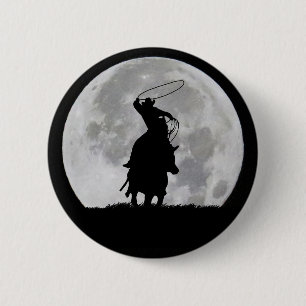 Cowboy Roping Steer i Fullt Moonlight Surreal Knapp