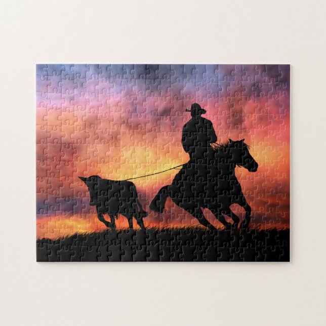 Cowboy roterar en stav på häst pussel (Horisontell)