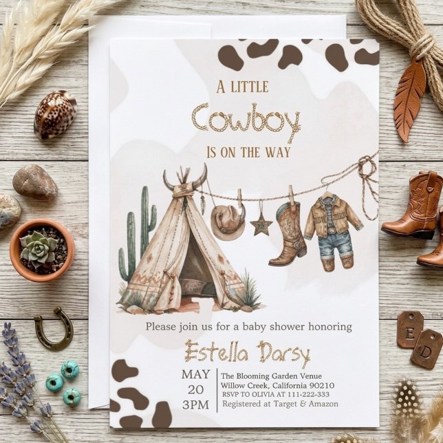 Cowboy rustic western-vattenfärg baby shower inbjudningar (Skapare uppladdad)