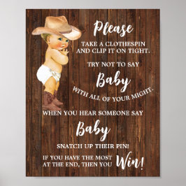 Cowboy Säg inte Baby Clothespin Baby Shower-spel Poster