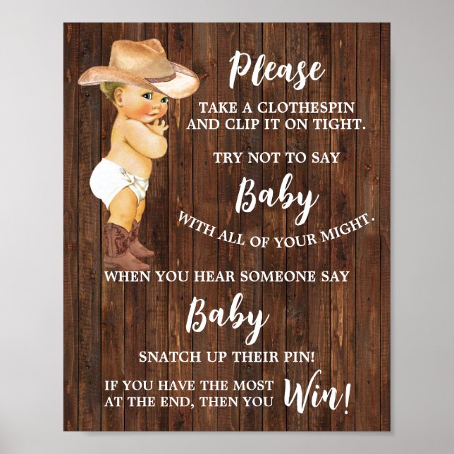 Cowboy Säg inte Baby Clothespin Baby Shower-spel Poster (Framsidan)