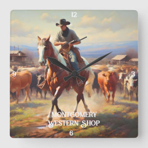 Cowboy Samlare Cattle on Horseback Fyrkantig Klocka