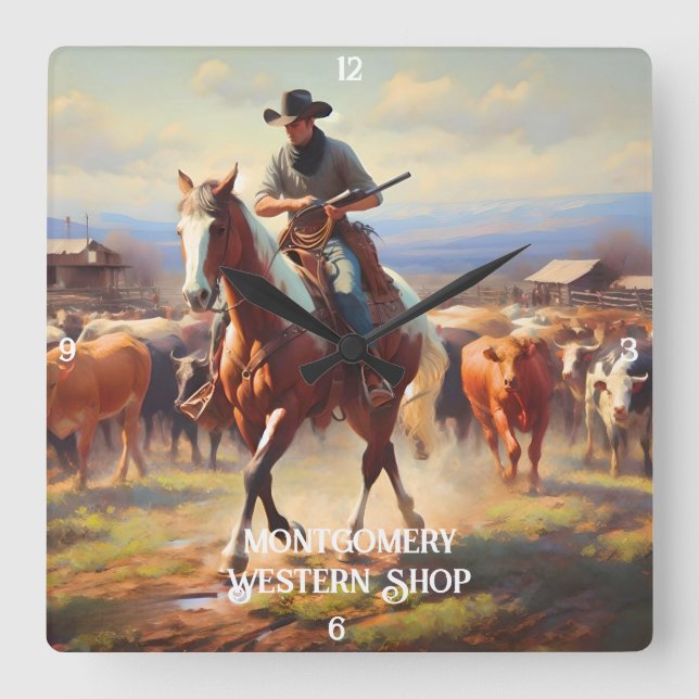 Cowboy Samlare Cattle on Horseback Fyrkantig Klocka (Framsida)