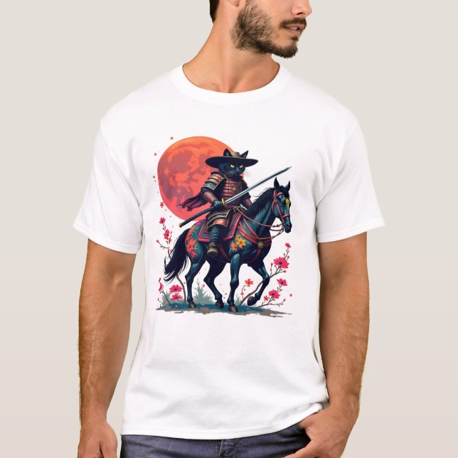Cowboy Samurai Svart Katt häst Unikt present körsb T Shirt (Framsida)