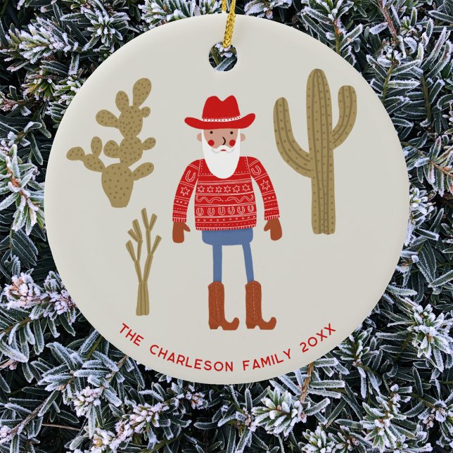 Cowboy Santa Claus Christmas Custom Text Julgransprydnad Keramik (Fun Cowboy Santa Claus Western Christmas Holidays personalized name date ceramic ornament)