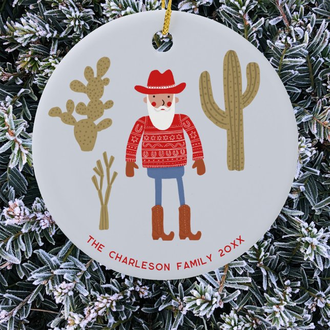 Cowboy Santa Claus Christmas Custom Text Julgransprydnad Keramik (Fun Cowboy Santa Claus Western Christmas Holidays personalized name date ceramic ornament)
