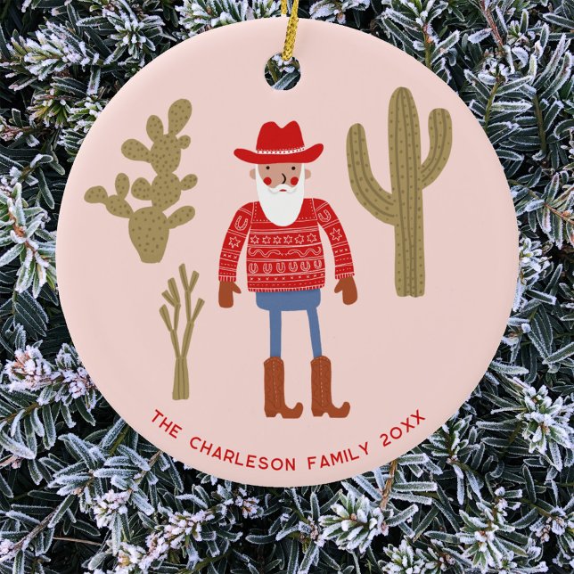 Cowboy Santa Claus Christmas Custom Text Julgransprydnad Keramik (Fun Cowboy Santa Claus Western Christmas Holidays personalized name date ceramic ornament)