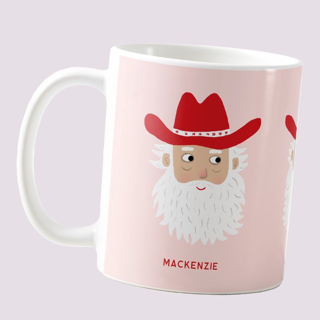 Cowboy Santa Claus Christmas Custom Text Pink Kaffemugg (Fun Cowboy Santa Claus Western themed Holiday Christmas coffee mug)