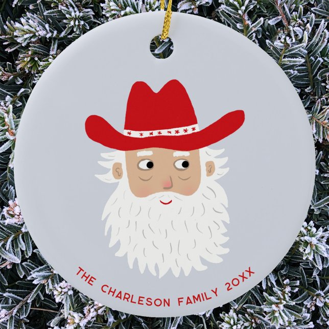 Cowboy Santa Claus Jul Anpassad Text Julgransprydnad Keramik (Fun Cowboy Santa Claus Western themed Christmas Holiday ceramic ornament with custom text)