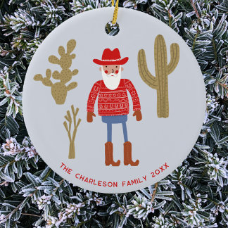 Cowboy Santa Claus Jul Anpassad Text Julgransprydnad Keramik
