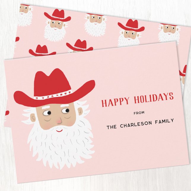 Cowboy Santa Claus jul rosa Julkort (Fun Cowboy Santa Claus Western Christmas custom text personalized Holiday card)