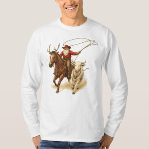Cowboy Santa Riding Horse och Lassoing Cattle T Shirt
