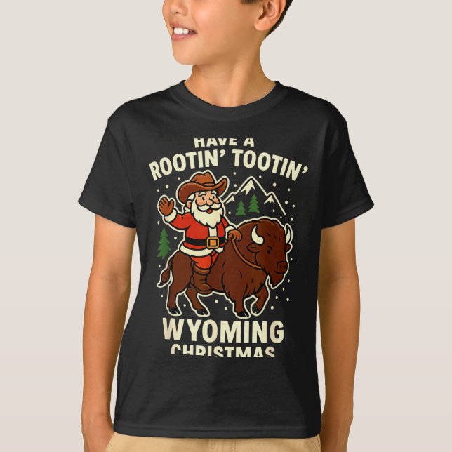 Cowboy Santa Shirt Wyoming Christmas Buffalo Holid T Shirt (Framsida)