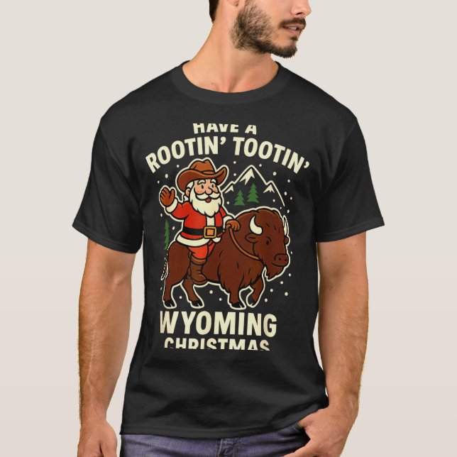 Cowboy Santa Shirt Wyoming Christmas Buffalo Holid T Shirt (Framsida)