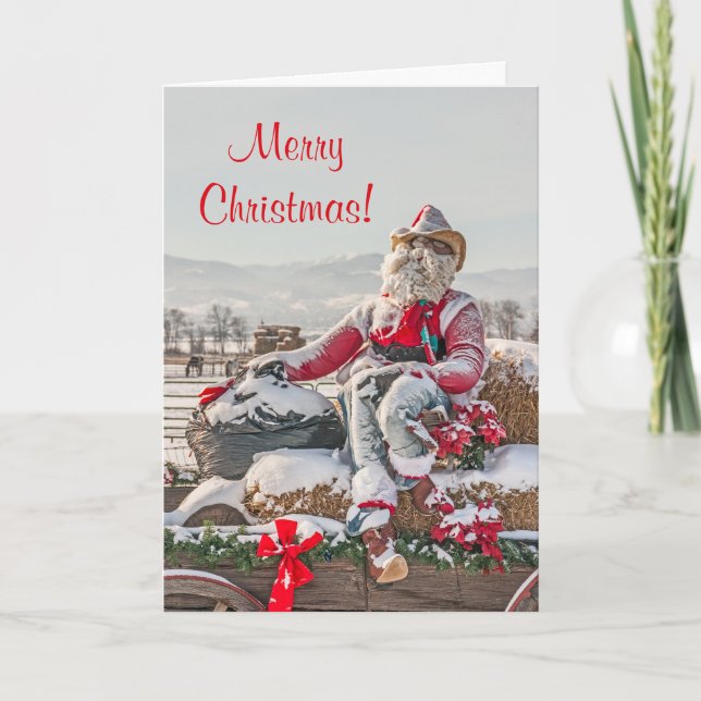 Cowboy Santa Wagon med Hay Bales Helgkort (Framsida)