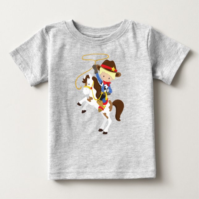 Cowboy, Sheriff, Häst, Lasso, Western, Blont Hår T Shirt (Framsida)