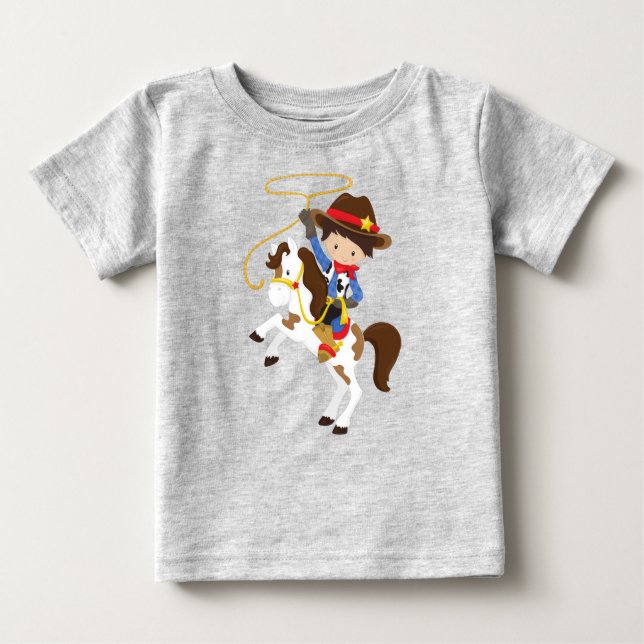 Cowboy, Sheriff, Häst, Lasso, Western, Brunt hår T Shirt (Framsida)
