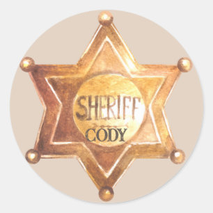 Cowboy Sherriff Födelsedagsfest Add Boy's Namn Runt Klistermärke