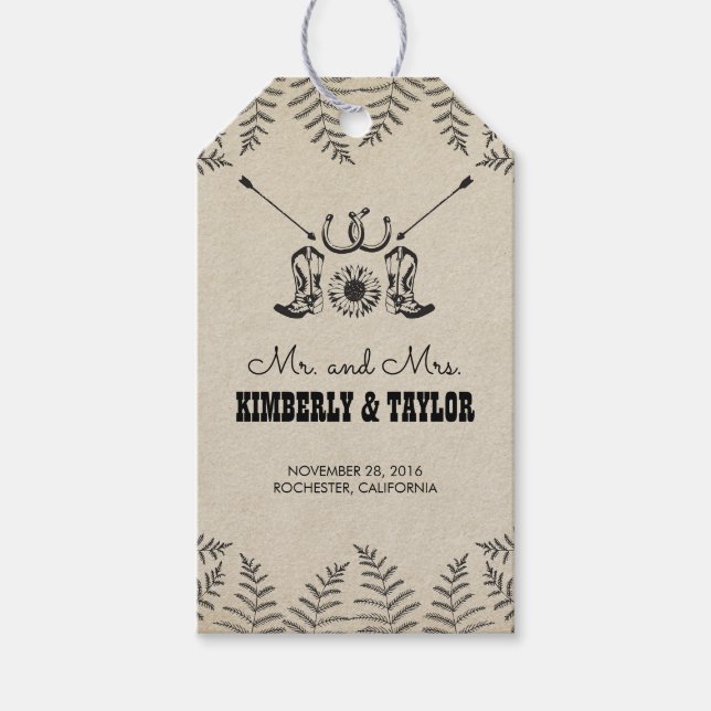 Cowboy Shoes Landsbyggsbröllop Mr. och Mrs. Presentetikett (Framsidan)
