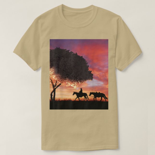Cowboy Silhouette och japansk Sakura Cherry Bloss T Shirt (Design framsida)