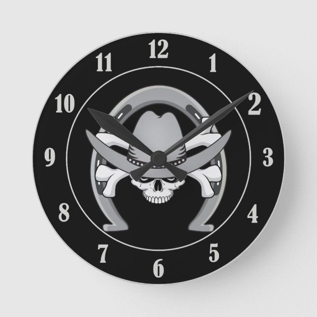 Cowboy Skull Horseshoe Rund Klocka (Framsida)