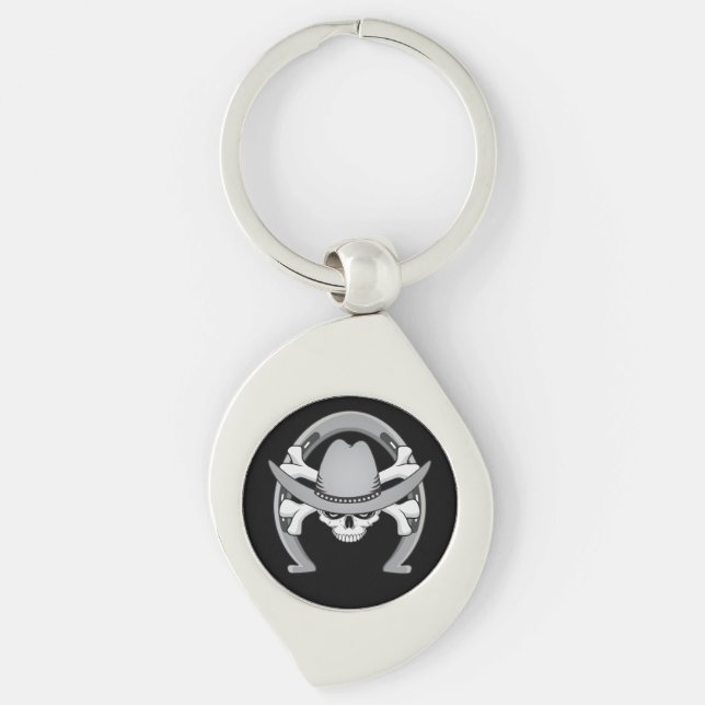 Cowboy Skull Horseshoe Swirl Silverfärgad Nyckelring (Framsidan)