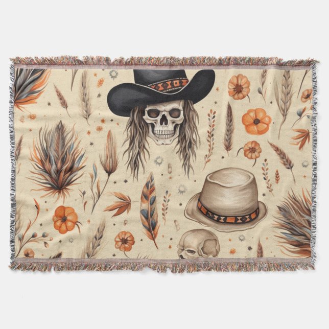 Cowboy Skull och Pumpkin Boho Seamless Mönster Filt (Framsidan)