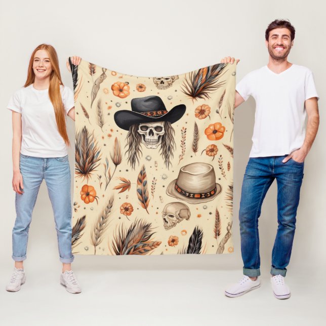 Cowboy Skull och Pumpkin Boho Seamless Mönster Fleecefilt (På plats)