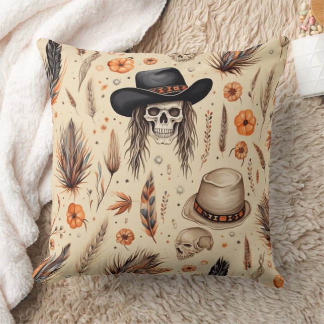 Cowboy Skull och Pumpkin Boho Seamless Mönster Kudde (Filt)